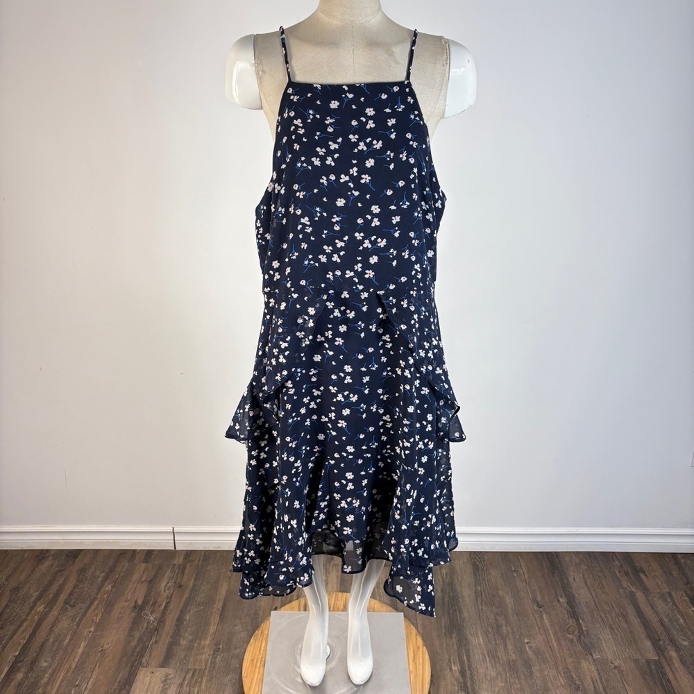 ❤️ Banana Republic Ruffle Layer Floral Print Midi Dress Navy Blue 14